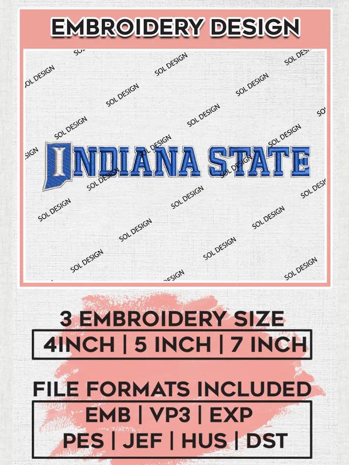 NCAA Indiana State Team Word Logo Embroidery Design Files, NCAA Indiana State Sycamores Machine Embroidery, NCAA Teams, 3 sizes, NCAA Machine embroidery designs, Digital Download