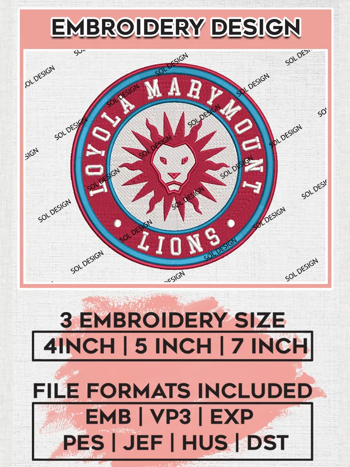 NCAA Loyola Marymount Lions Round Logo Embroidery, NCAA Loyola Marymount Lions Embroidery Design files, NCAA Teams, NCAA Machine embroidery designs, Digital Download