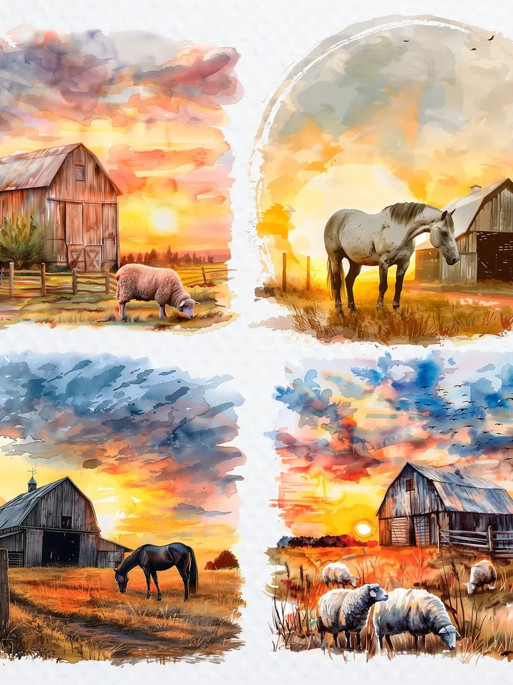 20 Farmyard in Sunrise Clipart, Printable Watercolor Farm landscape clipart for sublimation, High Resolution, junk journal, Paper craft