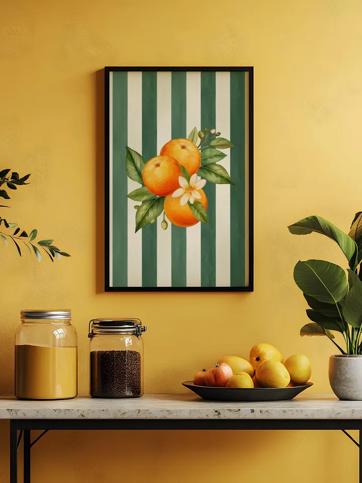 Orange Wall Decor, Orange Fruit Poster, Farmhouse Kitchen Art Painting, Kitchen Prints, Trendy Food Art, Retro Kitchen Art, Fruit Wall Decor
