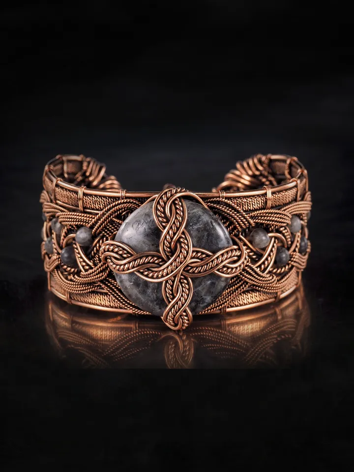 Copper wire wrapped larvikite bracelet Unique bangle 7th Wedding Anniversary