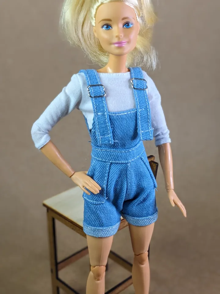 Light blue denim jumpsuit shorts for 1/6 scale fashion female dolls