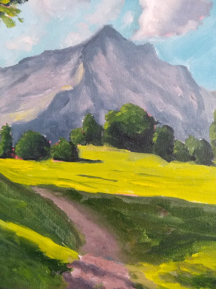 Landscape oil painting with mountains Switzerland Green hill and track Small artwork