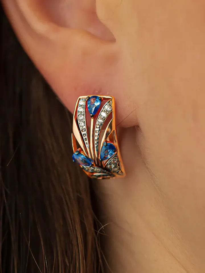 Earrings Silver gold plated 925 assay value with tanzanite and cubic zirconia