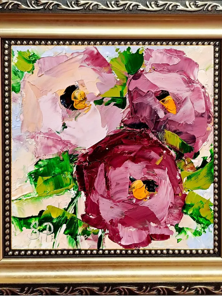 Peony Painting Cornflower Original Art Impasto Oil Painting 4x4 Impasto Peony Wall Art Floral Meadow Painting Field