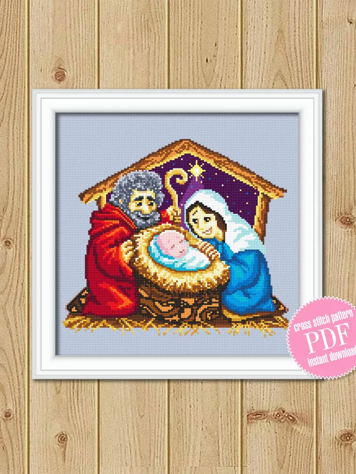 Nativity scene cross stitch pattern download PDF O Holy night cross stitch Religious Christmas embroidery Holy family pattern digital #N26