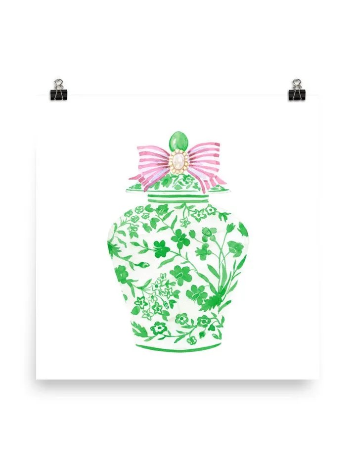Green Chinoiserie Ginger Jar Vase, Porcelain Wall Art Print, Green Ginger Jar, China Vase Print, Pink And Green Decor Print