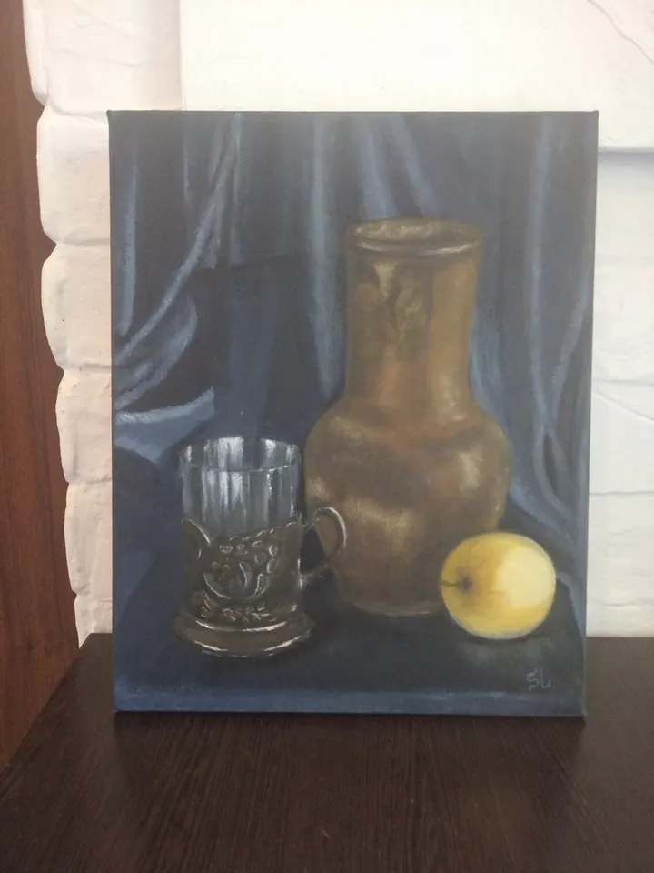 Oil Painting Still Life with Apple and Jug, Glass Goblet on Metal Stand. Vintage Items. Miniature Oil Painting 12x10 Inches