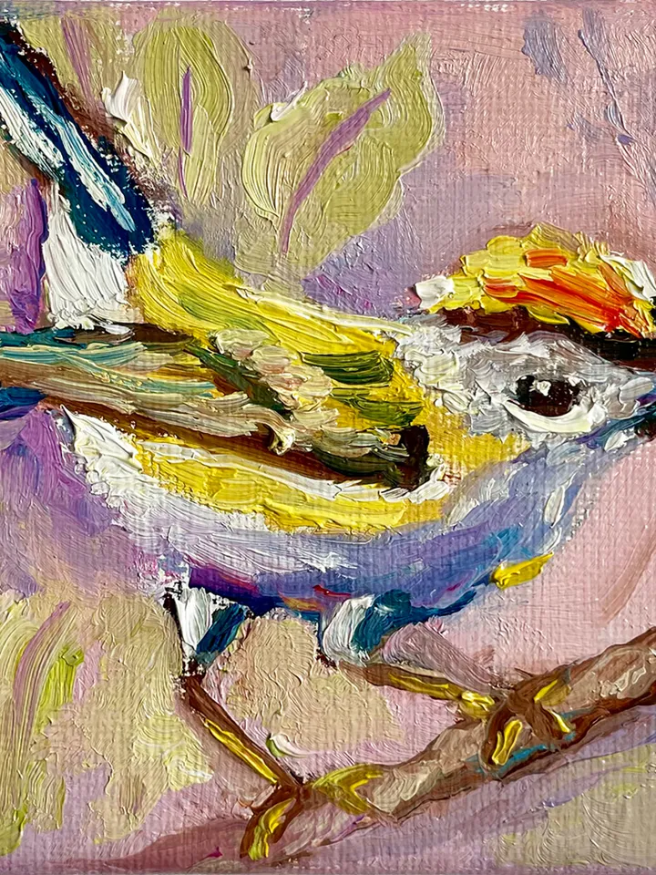 Chickadee Painting, Bird Art Original oil Painting on Canvas, Wildlife Wall Art, Miniature Artwork 4"x 4"