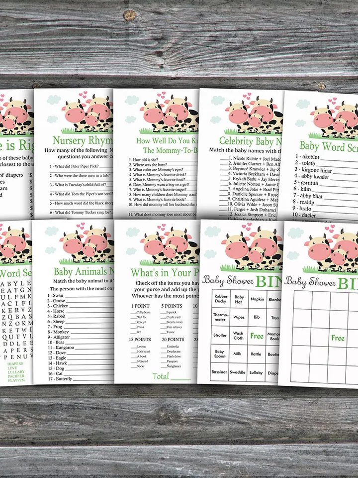 Cow baby shower games bundle,Farm Baby Shower games package,Fun Baby Shower Games,9 Printable Games-296