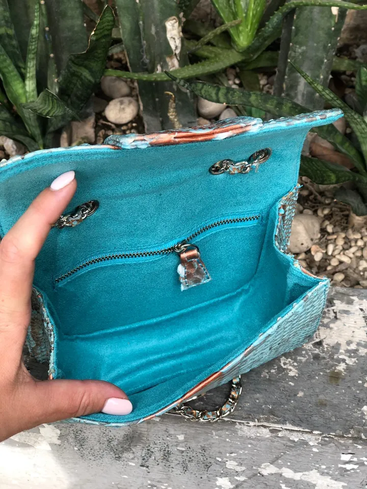 Small Shiny Genuine Python Skin Crossbody Bag | Designer Leather Bag | Evening Chain bag | Exotic Leather Bag | Woman Evening Bag Light Blue