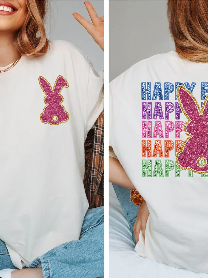 Trendy Easter Bunny, Sparkly Faux Sequins Easter Png, Happy Easter png, Cute Easter Day Shirt Design, Trendy Easter Back and Pocket