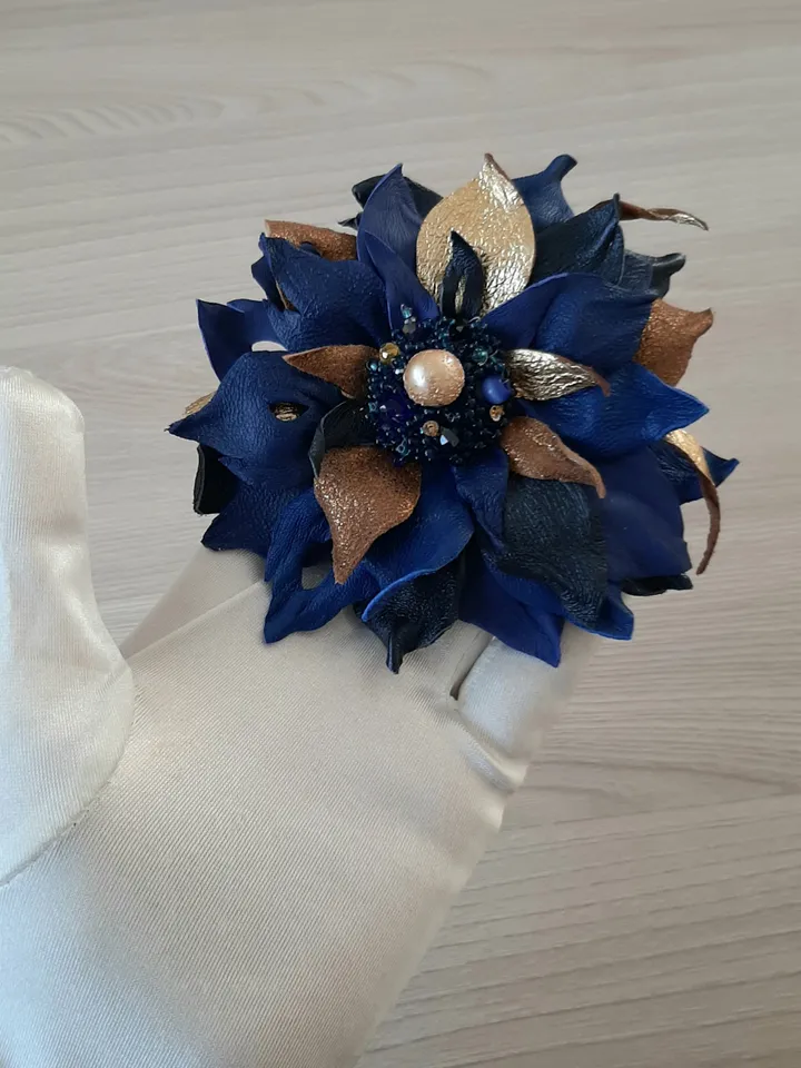 Blue leather brooch for her , 3rd anniversary gift for wife, Leather women's jewelry