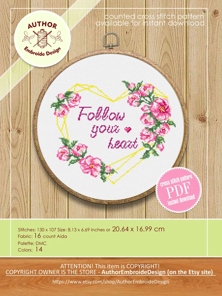 Floral heart cross stitch pattern PDF download Heart frame cross stitch chart, Follow your heart pattern digital PDF, Valentines stitch #Q1