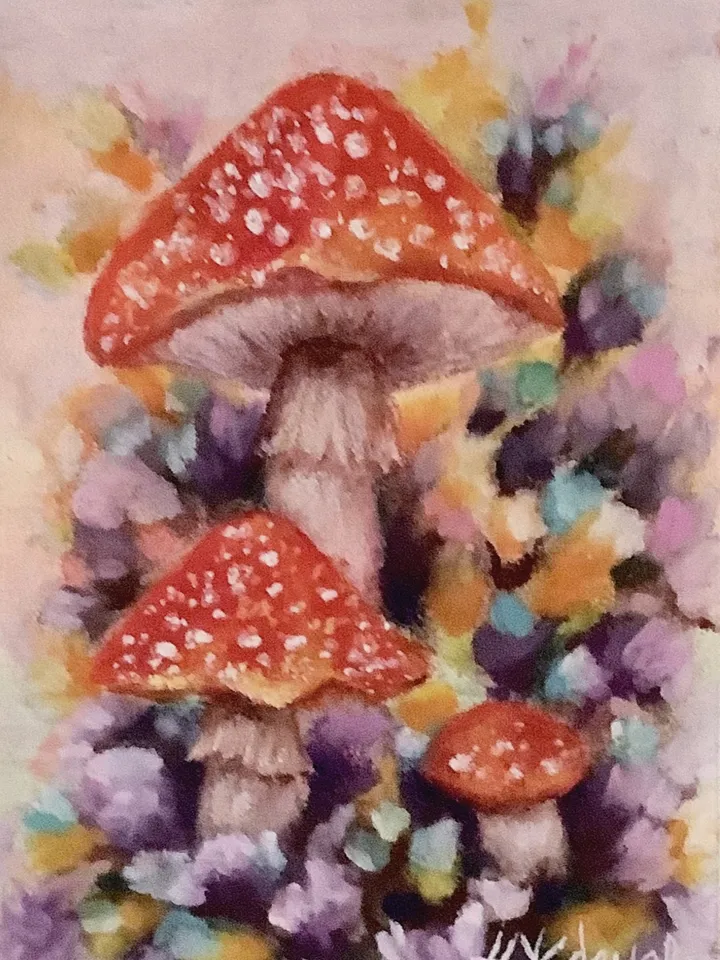 Fly agaric Mushroom painting original art, Mini mushroom painting, Pastel mushroom drawing