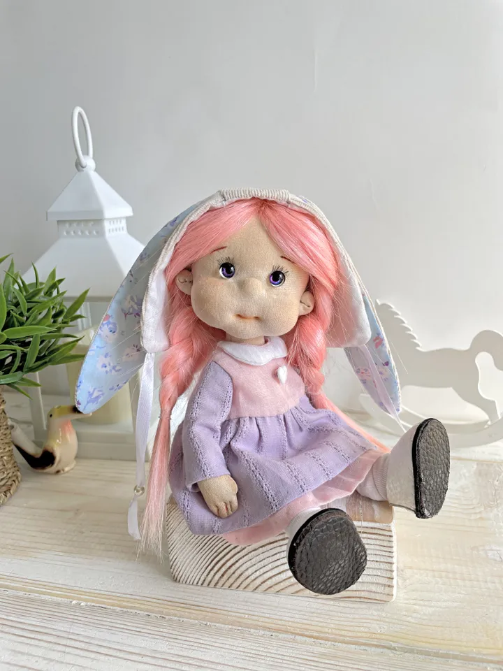 Handmade Bunny Textile Doll Waldorf Style Collectible Art Doll Heirloom Gift (20cm) Birthday Gift for Girl