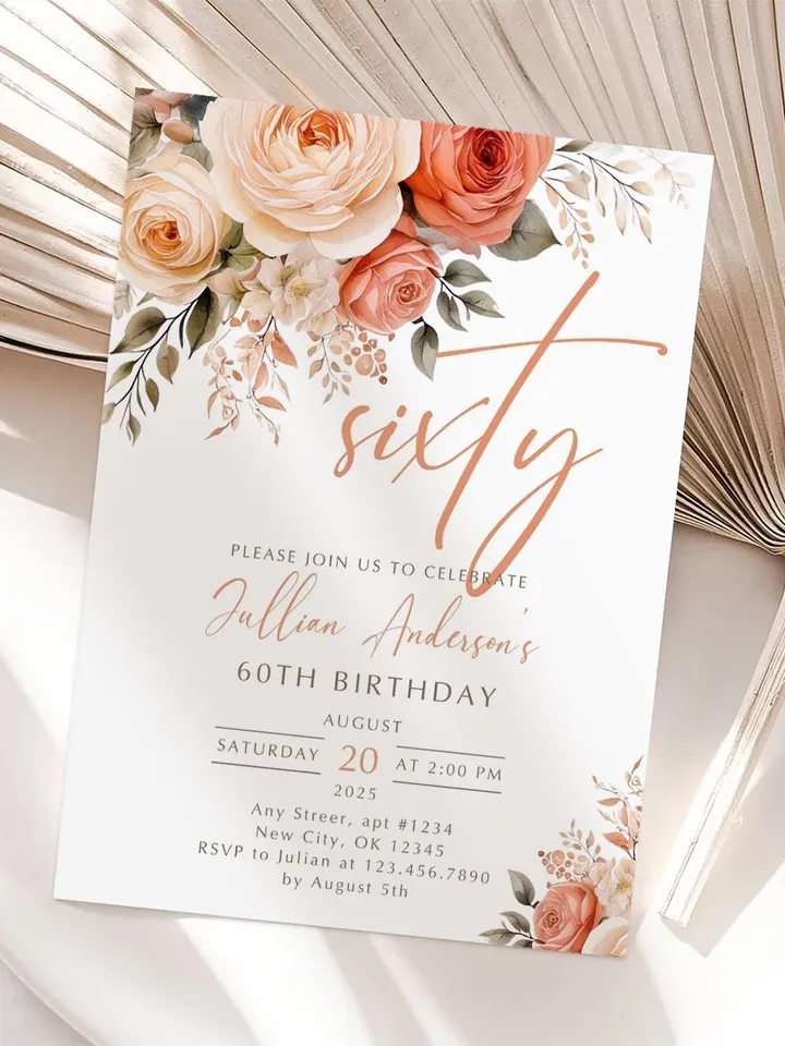 60th Birthday Invitation, Birthday Party Invitations for Women, Sixty Floral Birthday Invite for Her, Canva Editable Template, Digital File
