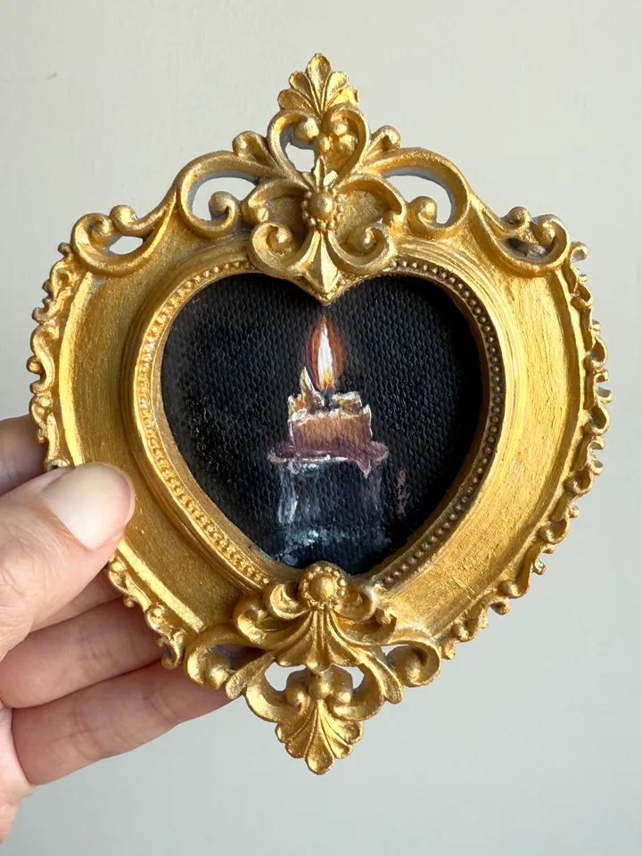 Candle Oil Painting Original In Vintage Style Frame Small Framed Still Life Art Victorian Wall Decor