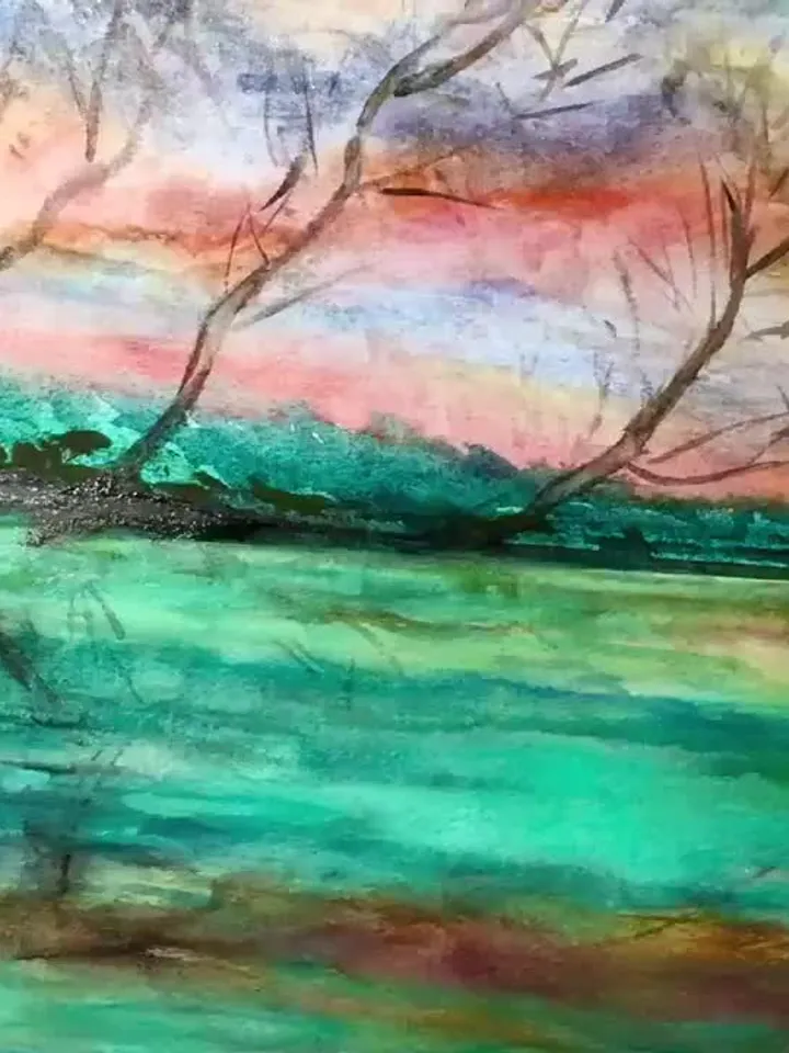 Panoramic river landscape,original handpainted watercolor painting,river,trees,forest landscape wall decoration,unique home decor gift .