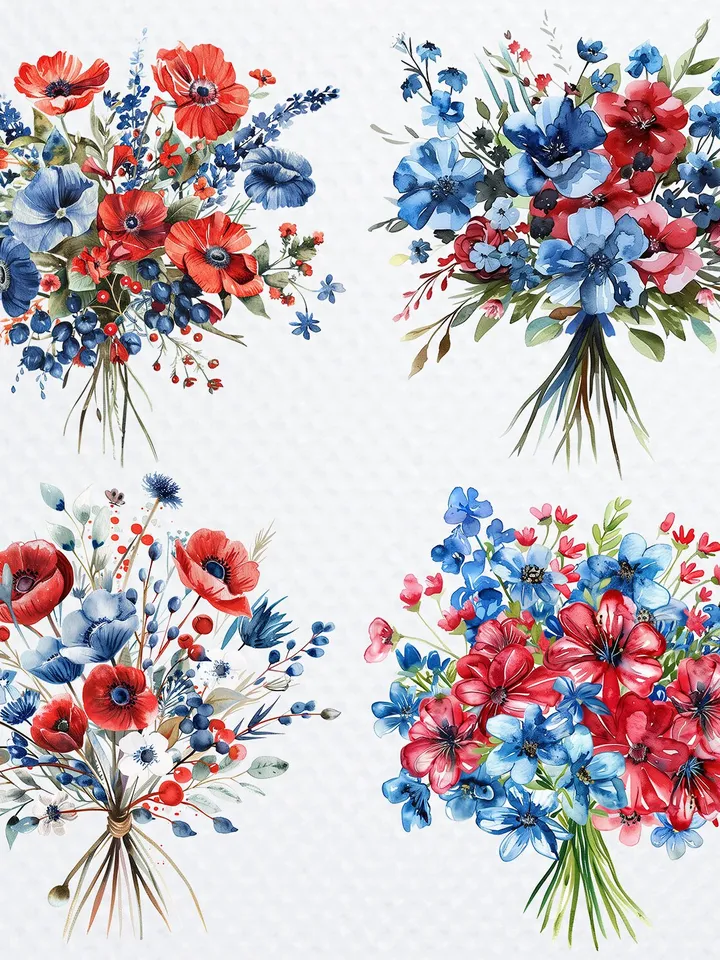 22 Patriotic bouquets PNG Bundle, Printable Watercolor American USA Bouquet for sublimation, 4th of july clipart, Paper craft, junk journal