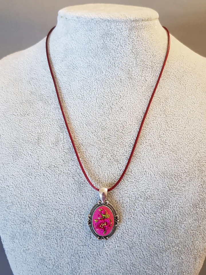 Hand embroidery pendant for her, 4th wedding anniversary gift, embroidered jewelry, custom embroidery necklace, art 34