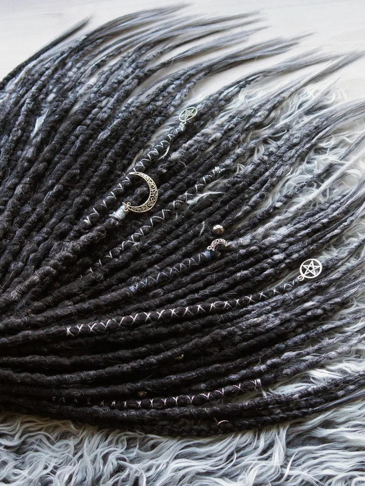 Synthetic Black Dreadlock Extensions With Gray Ends Double or Single Ended DE SE Fake Dreads Witch Hair 20 inches
