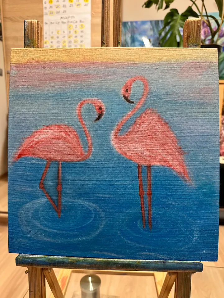 Oil Painting A Pair of Flamingos in the Water Birds Aquatic Landscape Pink Flamingos Canvas on Cardboard 12x12 inches 30x30 cm Wall Decor Nature