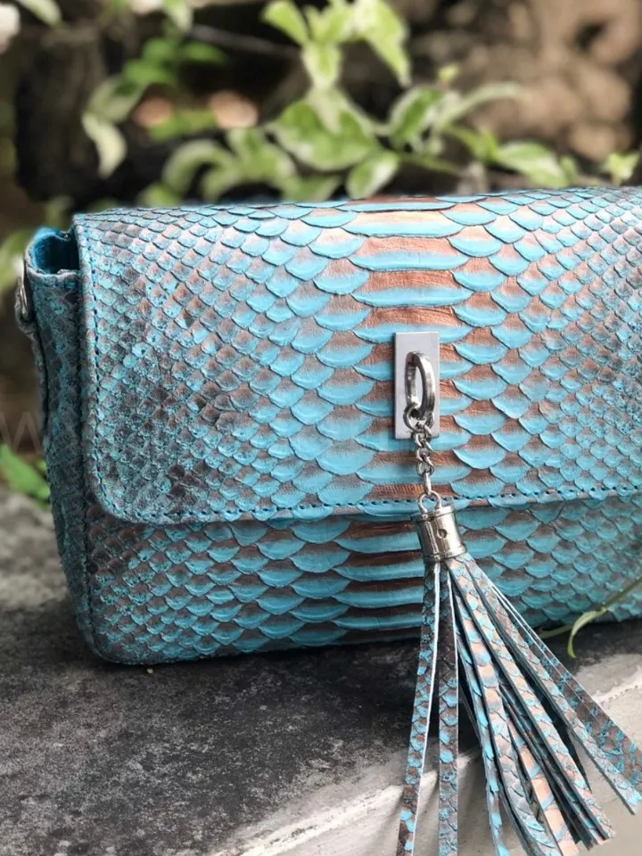 Genuine python skin light blue summer tassel women crossbody bag | Leather Handnade Bag | Exotic leather Bags | Chain small elegant Bag
