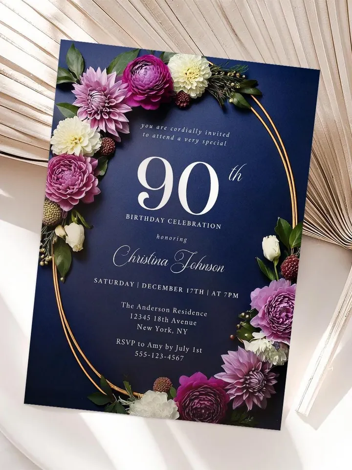 90th Birthday Party Invitation Canva Template for Mother Grandma, Moody Purple Flowers Navy & Gold, 90 Years Loved, Digital Invite