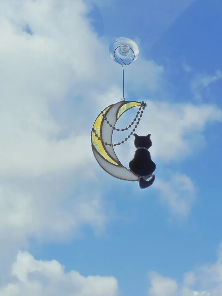 Black Cat On Moon with Chains . Art stained glass hanging Suncatcher . Gift for animal lover , pet loss memorial . White , yellow , black