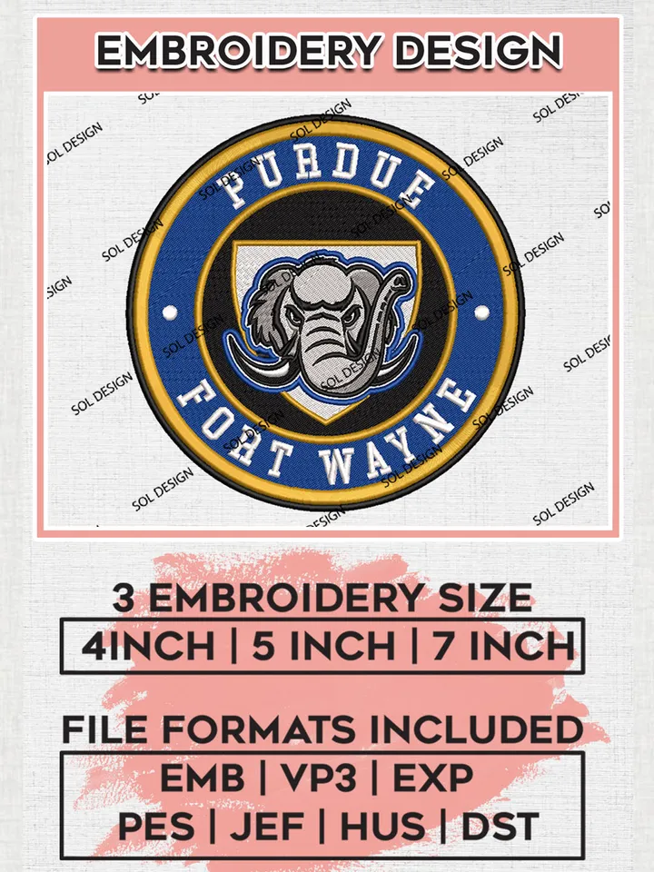 NCAA Purdue Fort Wayne Mastodons Round Logo Embroidery, NCAA Purdue Fort Wayne Mastodons Embroidery Design files, NCAA Teams, NCAA Machine embroidery designs, Digital Download