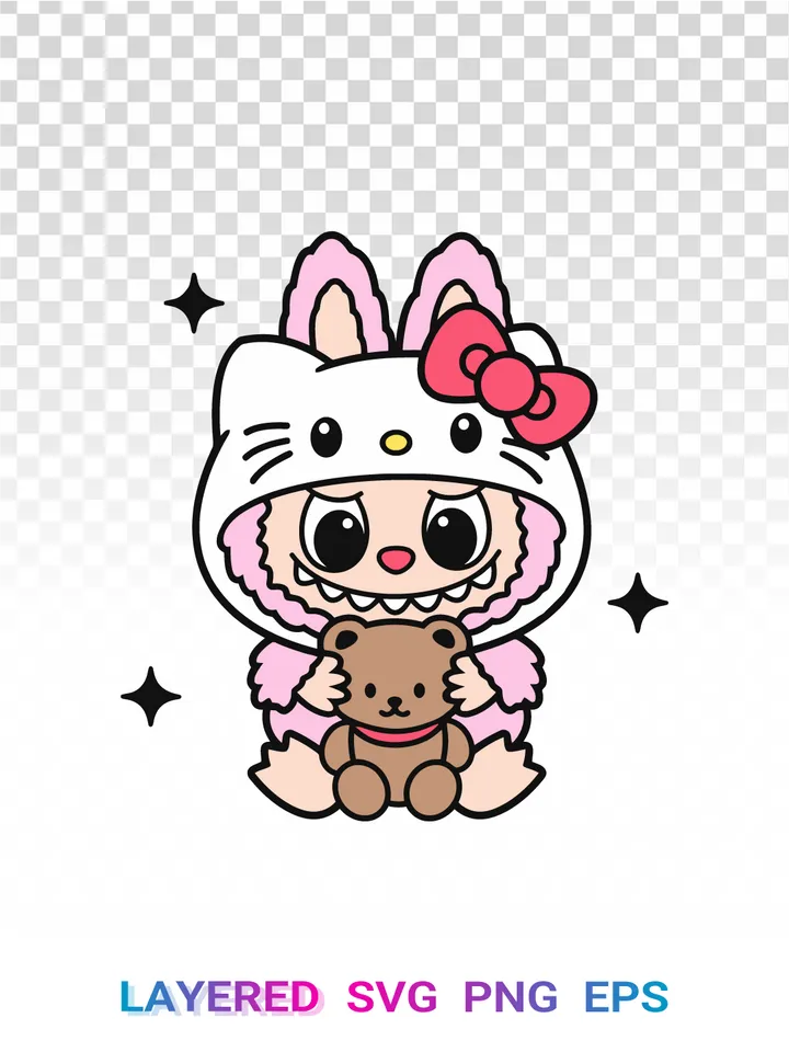 Labubu Hello Kitty SVG PNG, Sanrio Crossover Cricut Clipart
