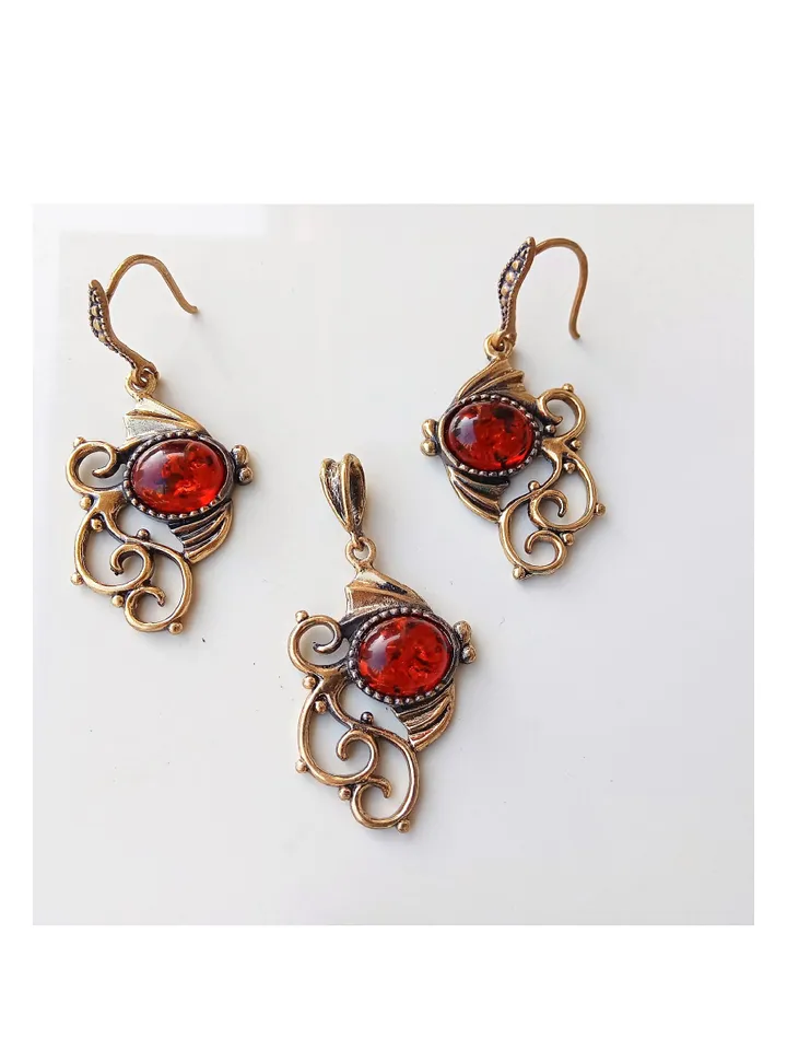 Fish Dangle Earrings and Pendant Gold Baltic Amber Jewelry Set Pisces Gift for Her Women's Jewelry red funny vintage style