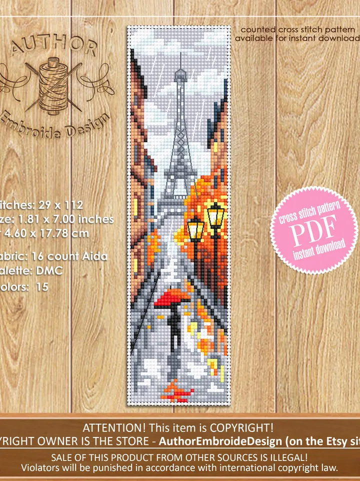 Paris bookmark cross stitch pattern PDF download Autumn Paris cross stitch chart, Needlepoint bookmark pattern digital, Eiffel Tower #B472