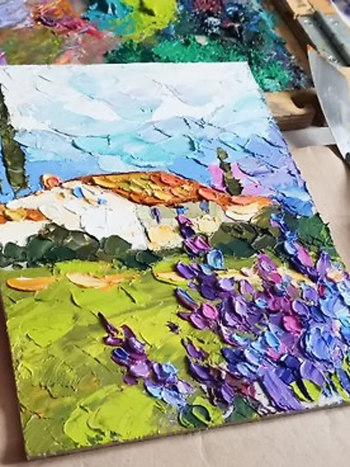 Toscana Painting Lavender Field Original Art Wall Decor Oil Painting by Verafe