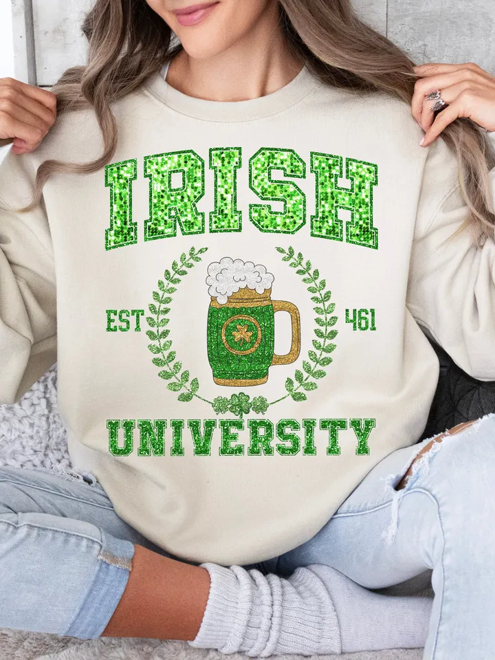 Faux Sequin Irish University Png, St Patty's Faux embroidery, Beer png, St Patricks Day Green Glitter Png, Shamrock png, trendy st patrick