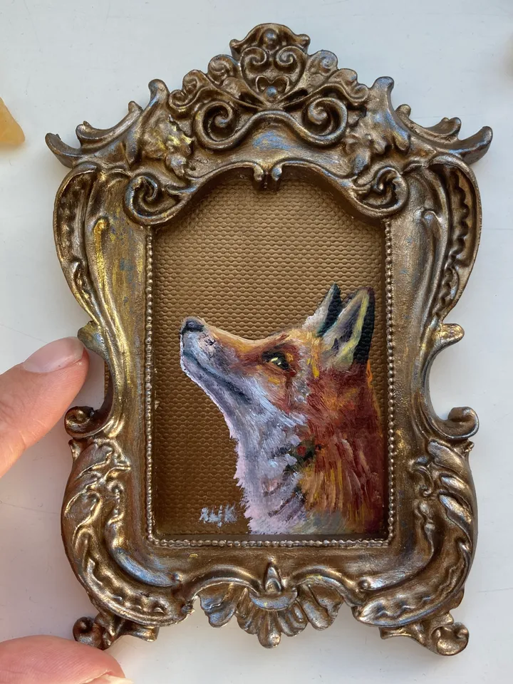 Fox Oil Painting Original In Vintage Style Frame Small Framed Animals Wildlife Art