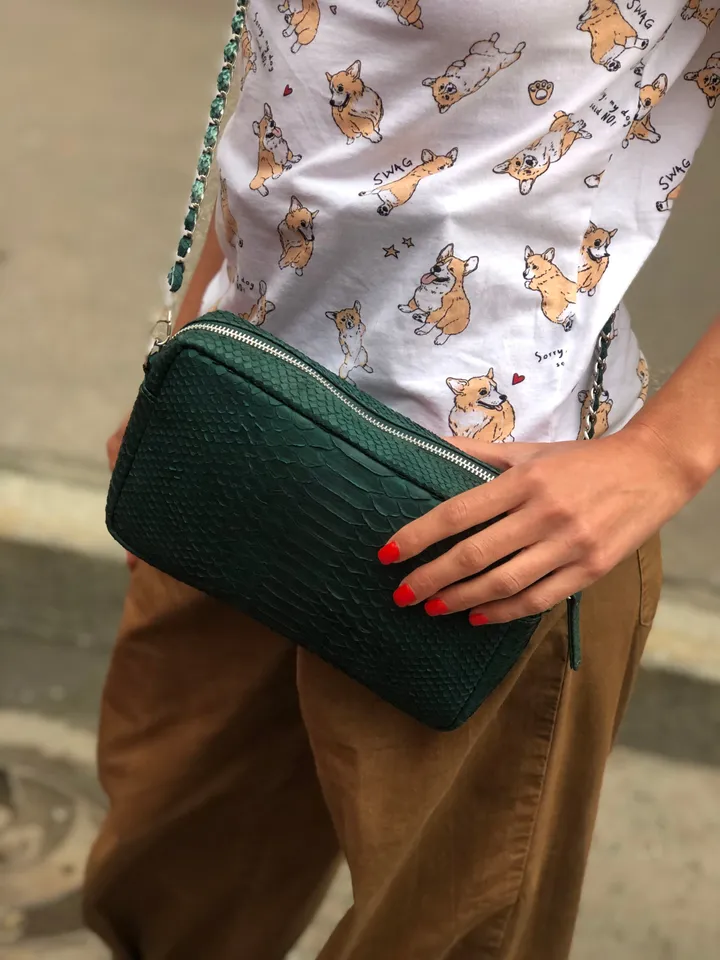 Genuine Python Skin Bag Dark Green Color | Exotic Leather Babs | Snake Skin Bag | Women Classy Elegant  Chain Crossbody Shoulder Purse Green