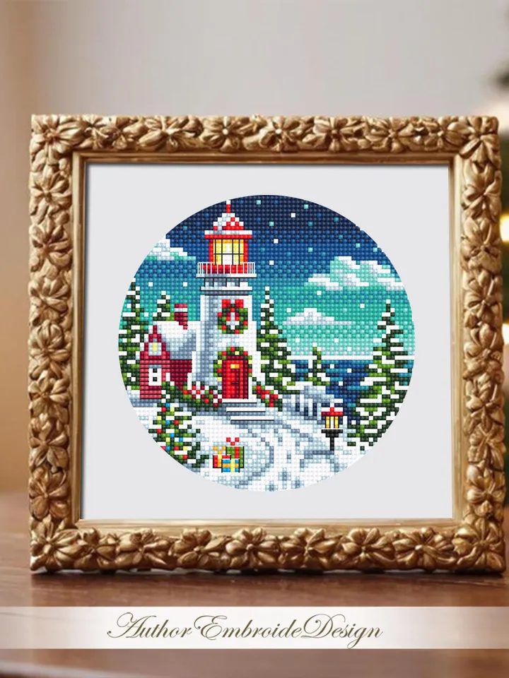 Christmas lighthouse cross stitch pattern PDF download Winter landscape cross stitch chart, Christmas pattern digital PDF Winter house #N186