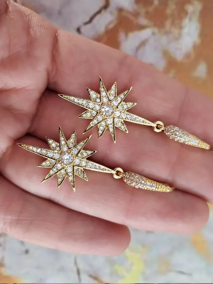 Gold Crystal Star Bridal Earrings | Gold Statement Earrings | Drop Wedding Earrings | Wedding Jewelry | Celestial Jewelry | Bridesmiad Gift