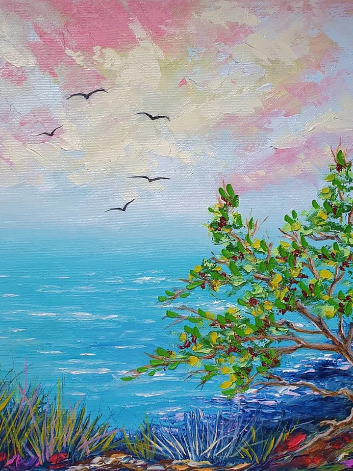 Seascape Painting Tree Original Art Landscape Artwork Beach Oil Painting Canvas