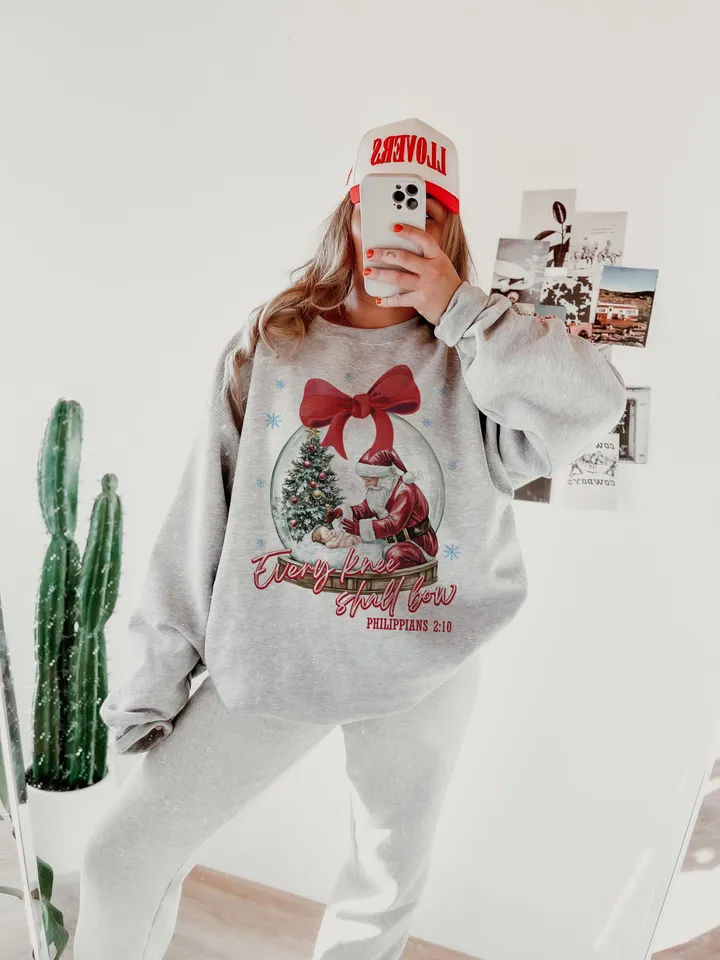 Every Knee Shall Bow PNG sublimation, Nativity Scene Png, Santa Christmas Png, Christmas Shirt, Kneeling Santa Png, Baby Jesus Png