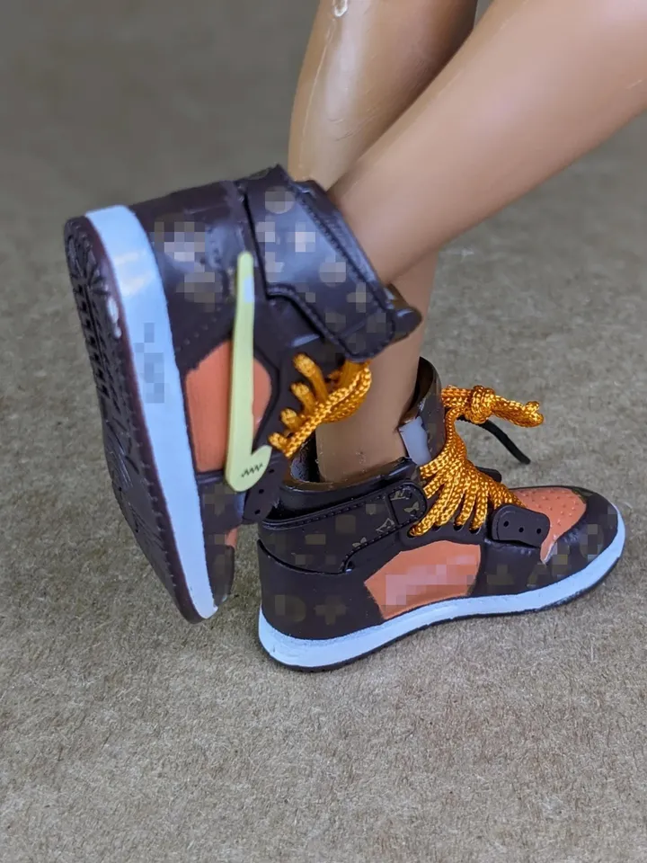 Premium brown & orange sneakers in box for 12 inch male dolls