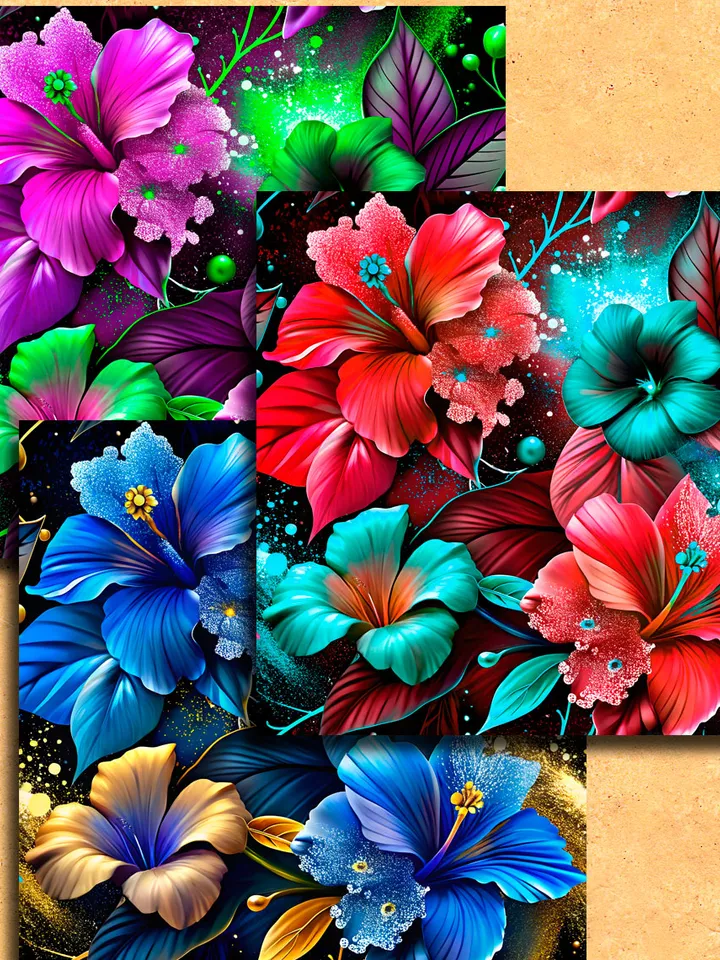 bright flowers hibiscus 18 pieces of patterns for printing on fabric, paper. Digital paper for creativity.