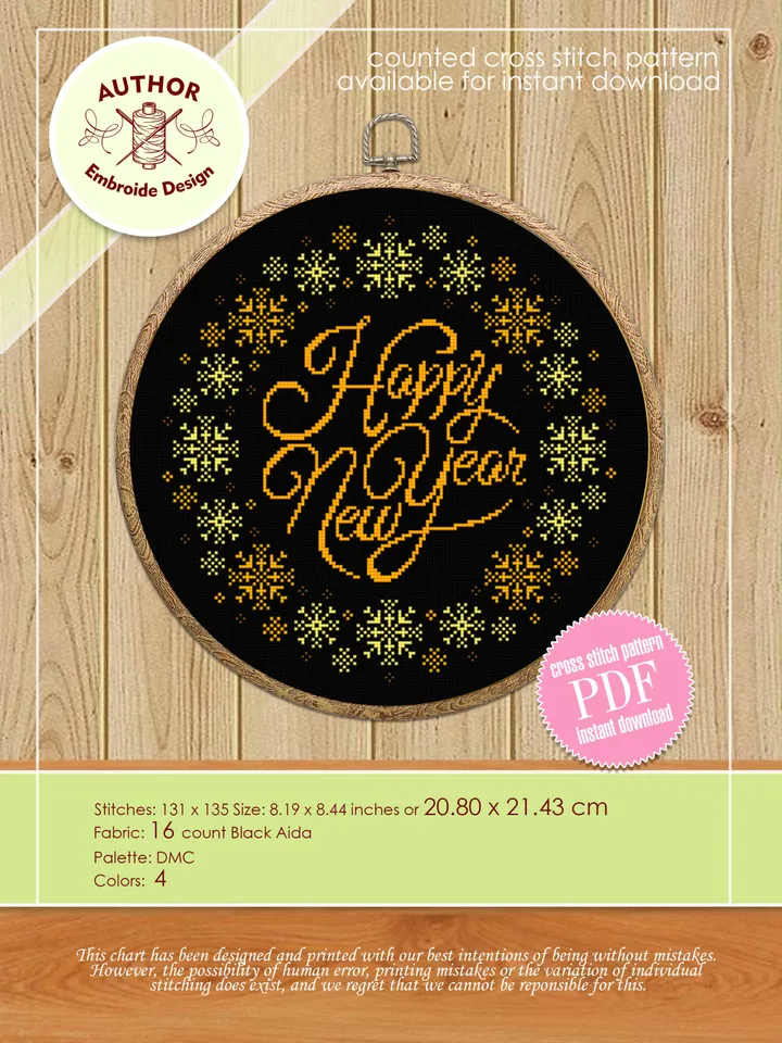 Snowflake wreath cross stitch pattern Happy new year instant download PDF Christmas pattern digital PDF, DIY christmas decor #N41