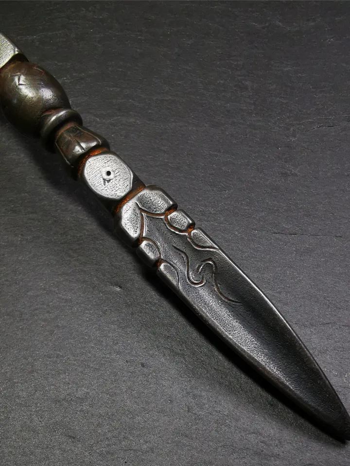 Gandhanra Handmade Tibetan Buddhist Ritual Implement - Kila -Dorje Phurba,Made of Cold Iron inlaid with Copper,7.5"