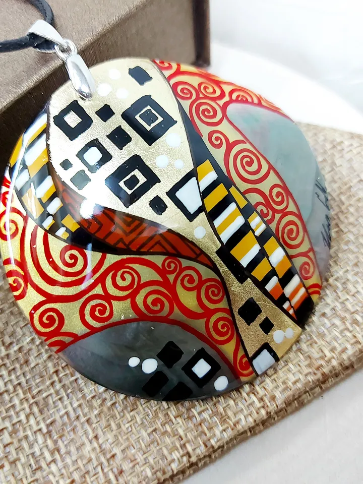 Gustav Klimt.Mother-of-pearl Russian hand-painted necklace.Hand painted miniature painting.Modern.Collectible.Artistic gift.For your beloved