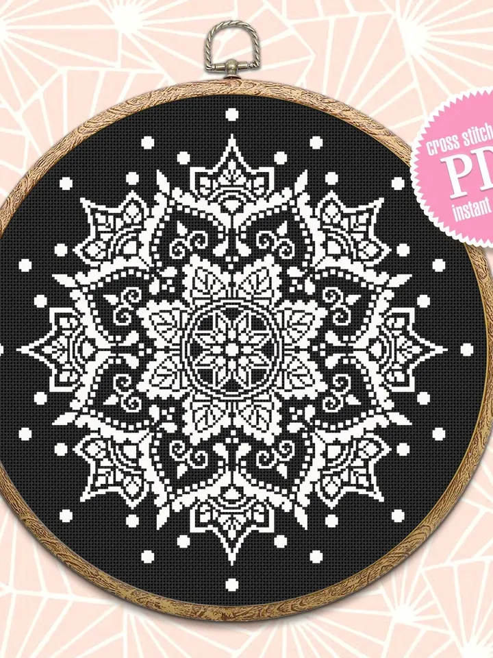Mandala cross stitch pattern PDF download Monochrome cross stitch chart, Flower mandala pattern digital PDF, Simple mandala ornament #M156