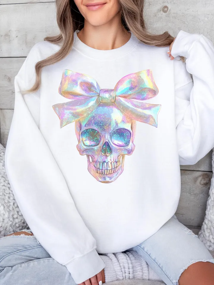 Iridescent Skull PNG, Coquette Halloween Design, Iridescent Ghost Skull Design, Halloween PNG, Girly Halloween Png, Cute Gothic Png