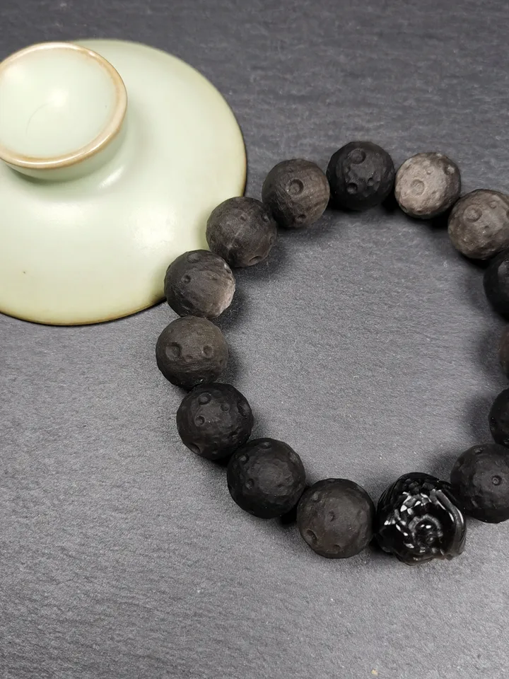 Gandhanra Old Tibetan Obsidian Wrist Mala, 0.6" Gradient Moon Ball Prayer Beads Bracelet,8 inches Circumference